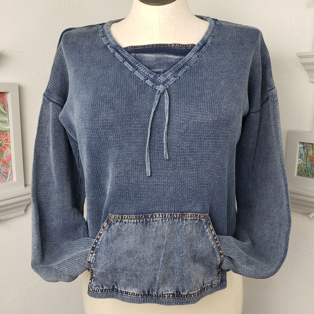 Cocoon Bay Blue Denim Knit Kangaroo Pockets Cropped Oversized sz XL Large